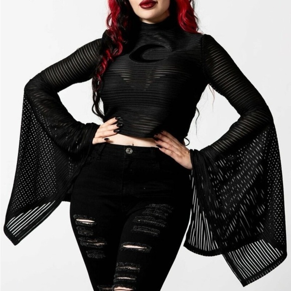 Killstar Phases 🌙 Striped Top Black Long Bell Sleeve Size M Discontiued
